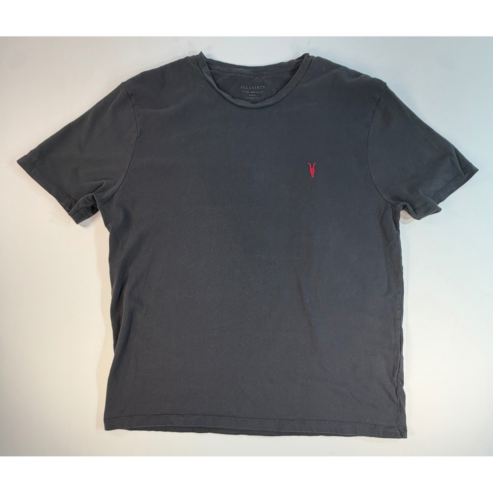 AllSaints Tonic Crew T-Shirt Charcoal Gray Red Ramskull Slim Fit XL Mens